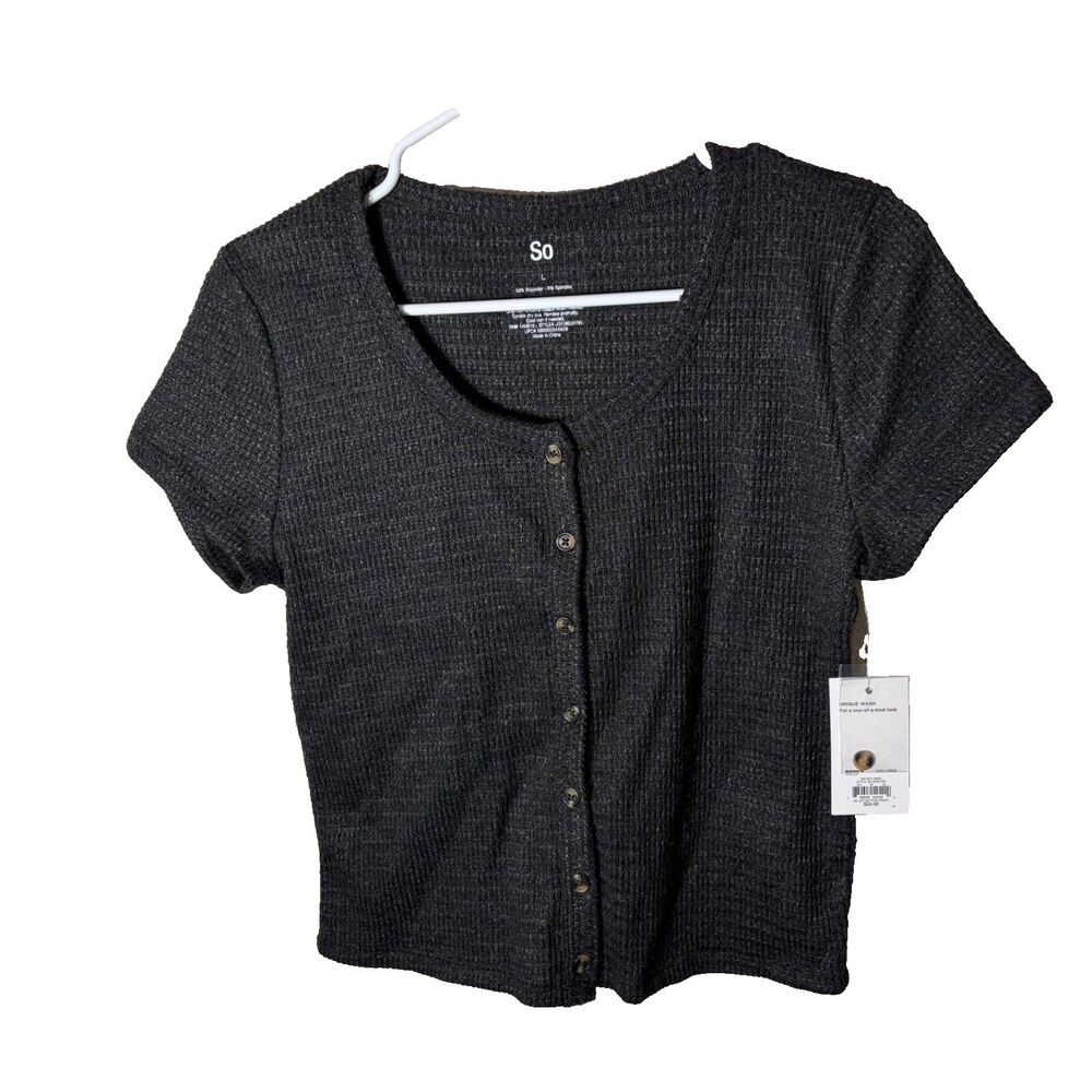 So T-Shirt Women's Large Gray Black Button Up Short Sleeve Round Neck Top NWT